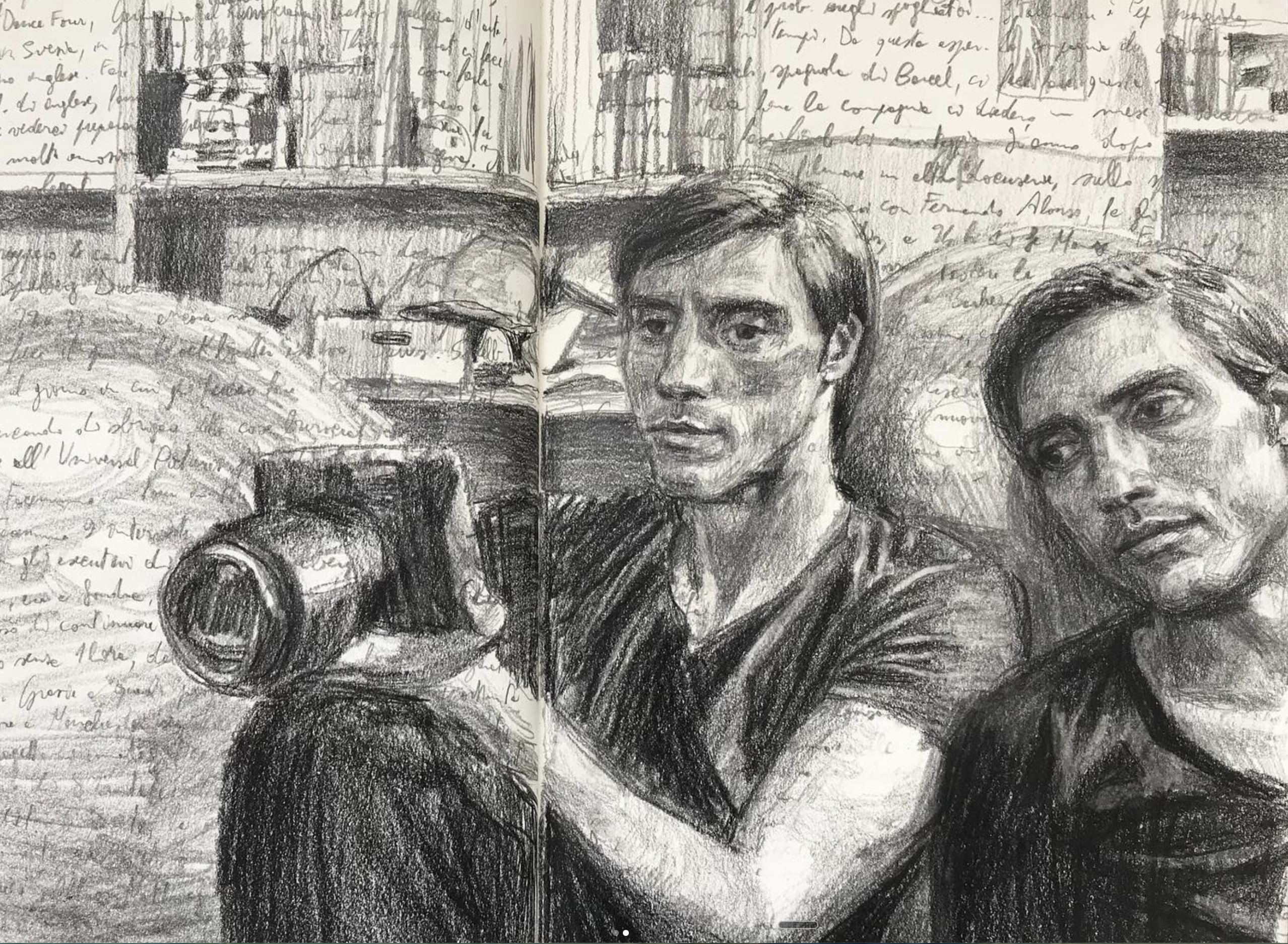 Michele Del Campo drawing of Luca and Gabriele in the studio