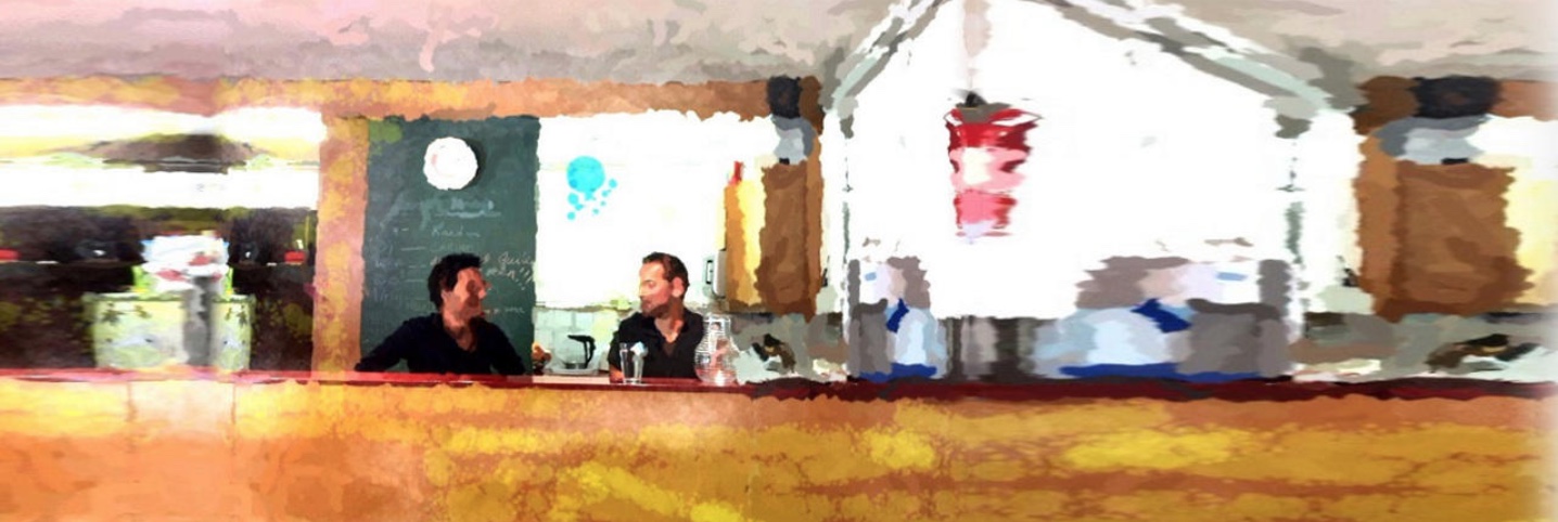 Two people sitting at a counter in a stylised painterly interior
