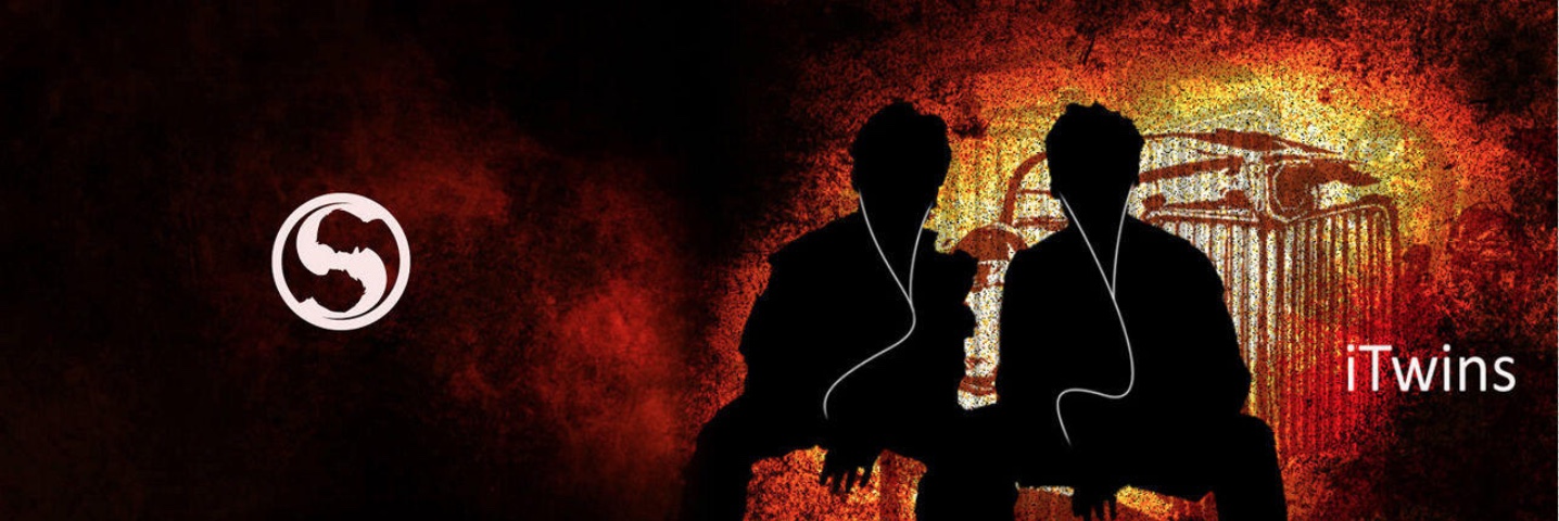 A graphic of the Stifani twins silhouetted against a red and orange background